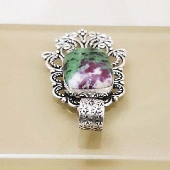 Ruby Zoisite (pd3) Pendant Natural Gems Green Purple Filigree Silver Art 2.5" L - Picture 4 of 10